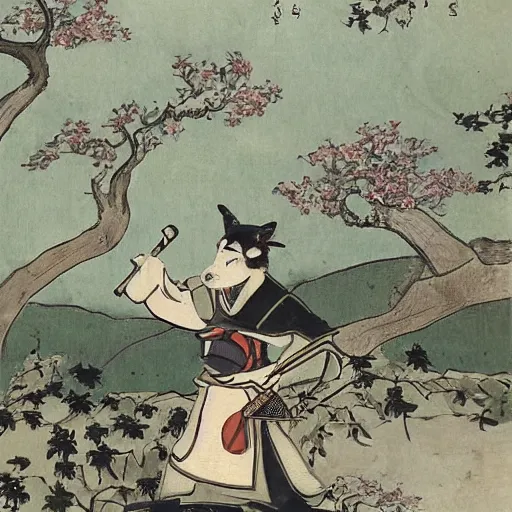 Image similar to samurai fox with a katana. sakura forest in the background. old japanese painting. fresco