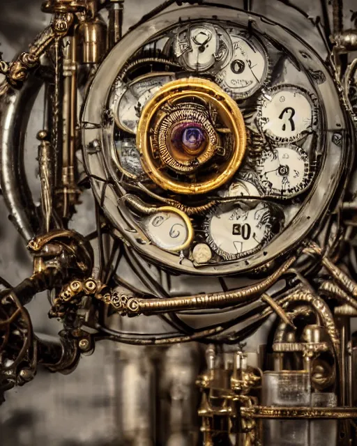 Prompt: highly detailed steampunk eye machine in a victorian lab with white curtains