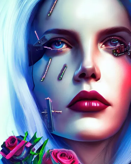 Image similar to portrait of lana del rey as a cyberpunk cyborg. intricate abstract. intricate artwork, tear drops, roses, crucifix, by tooth wu, wlop, beeple, dan mumford. concept art, octane render, trending on artstation, greg rutkowski, symmetrical, cinematic, key art, hyper realism, iridescent accents