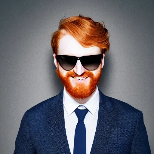 Prompt: A man with medium length ginger hair in a emo style with a beard and wearing a white collared shirt with a blue tie while wearing sunglasses and smiling, portrait, realistic, hyperrealistic, 4k resolution, 8k resolution, HD Quality, highly detailed, very detailed, detailed, studio quality lighting, real life