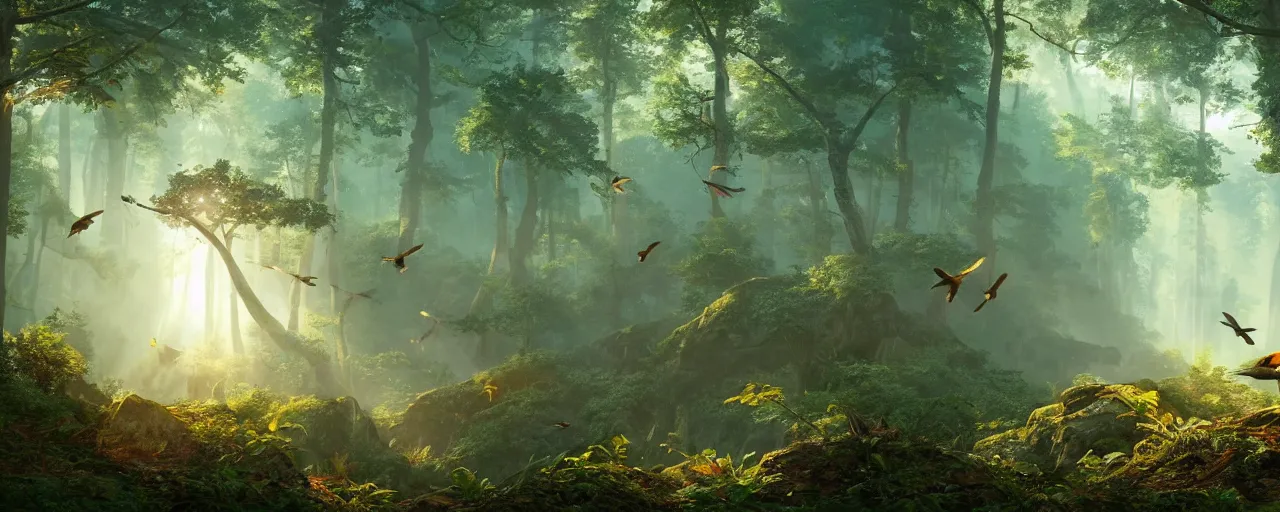 Image similar to birds flying in the forrest, beautiful dynamic lighting, cinematic, wide angle establishing shot, extremely high detail, photo realistic, cinematic lighting, post processed, concept art, artstation, matte painting, style by frederic church, raphael lacoste, unreal engine 8 k