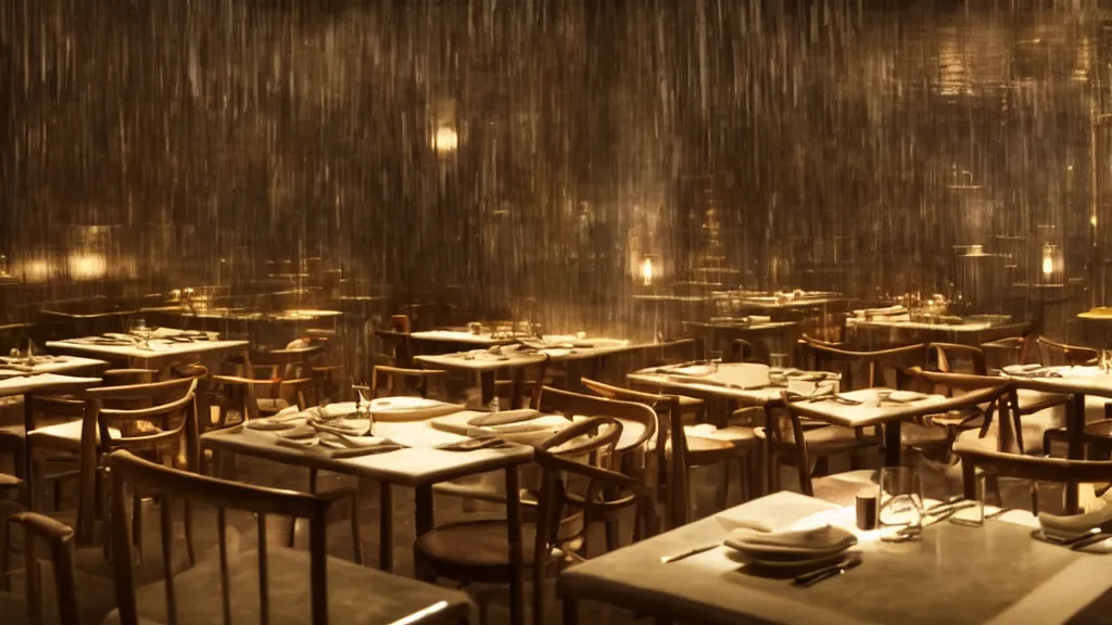 Image similar to restaurant where some of the floor is squares of water, film still from the movie directed by Denis Villeneuve with art direction by Salvador Dalí, wide lens