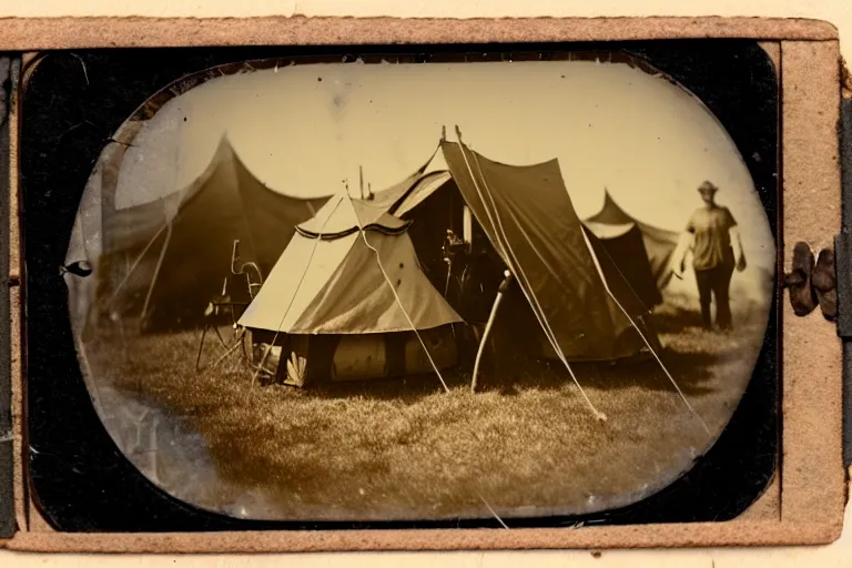 Image similar to tintype photo of a campsite with bonfire