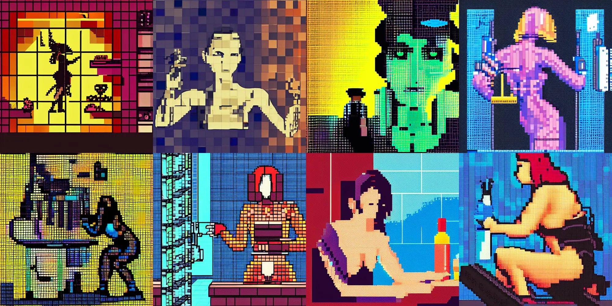 Prompt: cyberpunk pixel art, woman in oil bath cleaning her sprockets