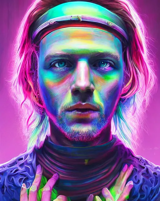 Image similar to colorful portrait of a male hippie with cybernetics, but set in the future 2 1 5 0 | highly detailed | very intricate | symmetrical | professional model | cinematic lighting | award - winning | painted by mandy jurgens | pan futurism, dystopian, bold psychedelic colors, cyberpunk, anime aesthestic | featured on artstation