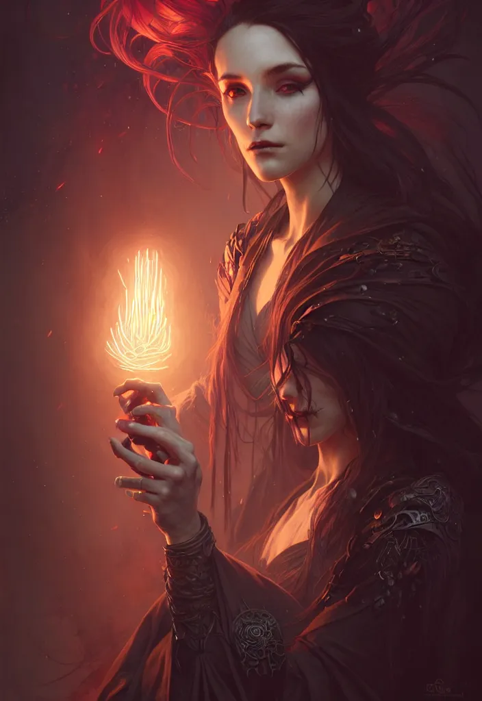 Image similar to Necromancer Sorceress, fantasy magic, undercut hairstyle, dark light night, intricate, elegant, sharp focus, illustration, highly detailed, digital painting, concept art, matte, art by WLOP and Artgerm and Greg Rutkowski and Alphonse Mucha, masterpiece