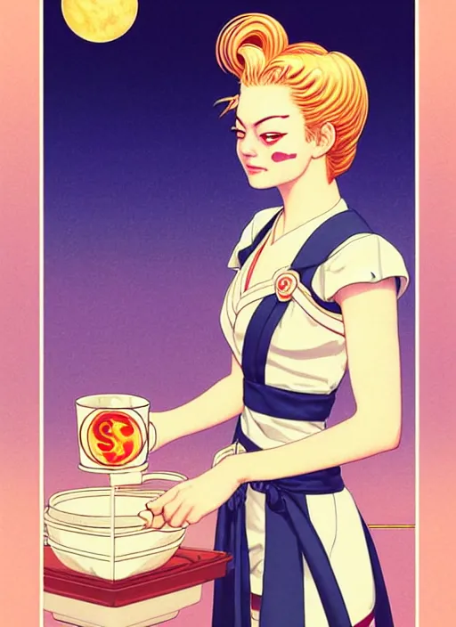 Prompt: realistic portrait of emma stone as a sailor moon, making the coffee, early morning, light falling on face, futuristic, highly detailed, 8 0 - s style poster, sharp focus, illustration, art by kawase hasui,