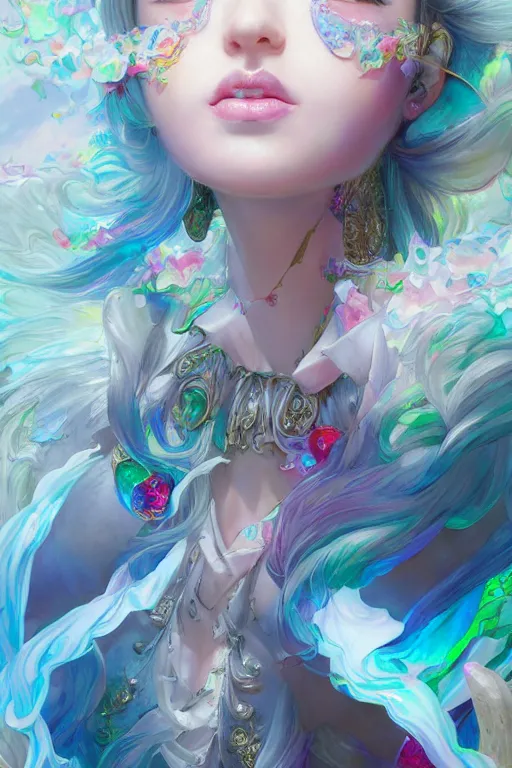 Image similar to chromatic angelic goddess of colors, d & d, full body portrait, mixed media, seductive look, chromatic aberration, hyper realistic, highly detailed, headshot, digital painting, trending on artstation, concept art, sharp focus, illustration, art by jin kagetsu and james jean and wlop and artgerm and greg rutkowski and ayami kojima