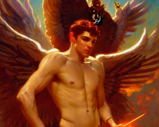 Image similar to attractive angel male deity, casting magic, summoning handsome lucifer morning star. highly detailed painting by gaston bussiere, craig mullins, j. c. leyendecker 8 k