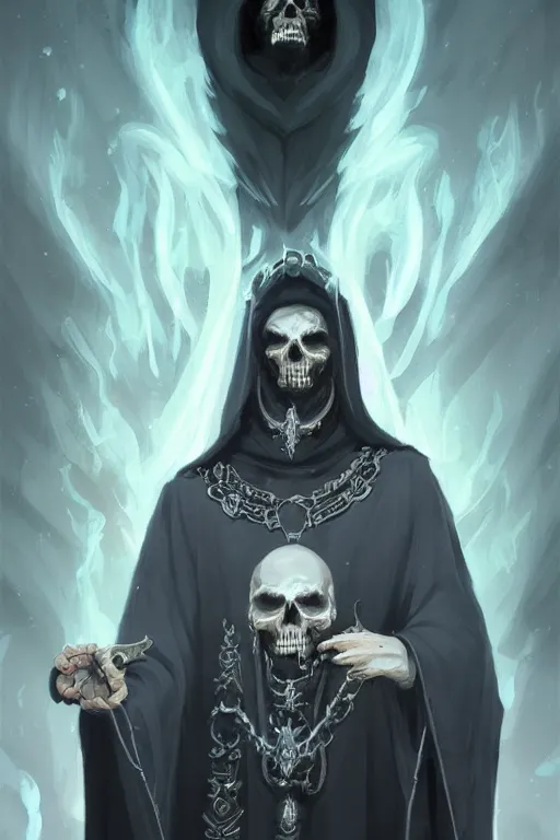 Image similar to portrait of necromancer priest in obsidian robes with white ornaments, skulls, white smoke, concept art, style by anato finnstark,