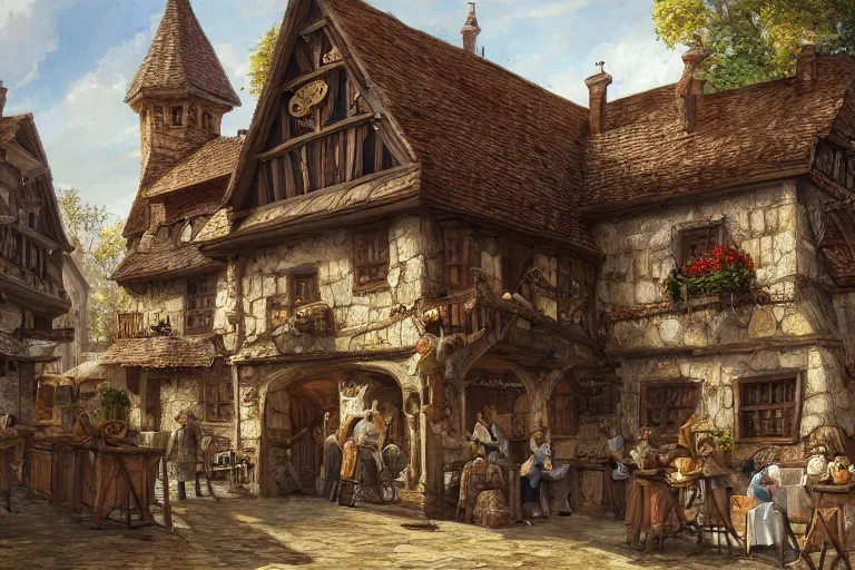 Prompt: A medieval tavern, texture, intricate, details, highly detailed, masterpiece, architecture, building, trending on artstation, focus, sharp focus, concept art, digital painting, fantasy, sunny, day, midday