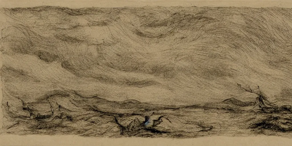 Image similar to a windy day, yellowed paper, pen and ink, 1 5 0 0 s, 8 k resolution