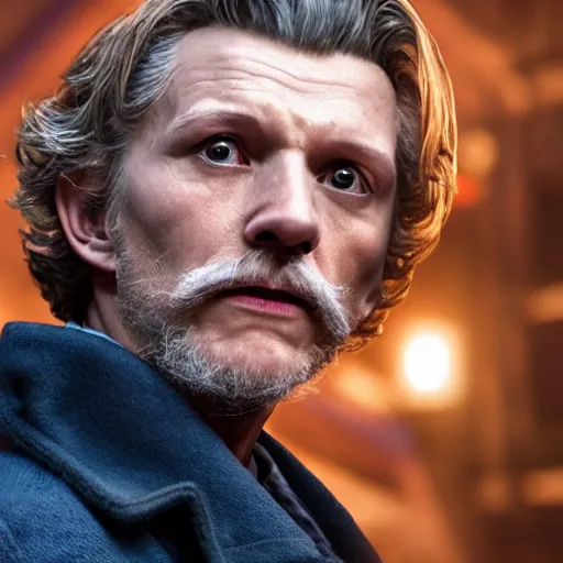 Image similar to tom holland as a rough dirty old man with a scruffy beard in a dark blue trenchcoat as the new doctor who, cinematic, volumetric lighting, f 8 aperture, cinematic eastman 5 3 8 4 film, photorealistic