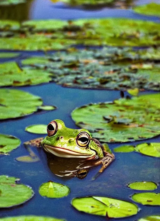 Image similar to close - up of a smiling frog in the pond with water lilies, medieval castle on background, shallow depth of field, highly detailed, ominous, digital art, masterpiece, matte painting, sharp focus, matte painting, by isaac levitan, monet, asher brown durand,