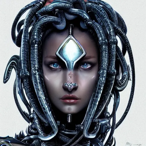 Image similar to a mech version of african medusa, with a septum piercing, very symmetrical, highly detailed, by vitaly bulgarov, by joss nizzi, by ben procter, by steve jung, concept art, quintessa, metal gear solid, transformers cinematic universe, concept art world, pinterest, artstation, unreal engine