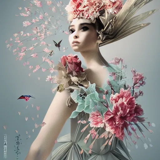 Image similar to 3 / 4 view of a beautiful girl wearing an origami dress, eye - level medium shot, fine floral ornaments in cloth and hair, hummingbirds, elegant, by eiko ishioka, givenchy, ambrosius boeschaert, by peter mohrbacher, centered, fresh colors, origami, fashion, detailed illustration, vogue, japanese, reallusion character creator
