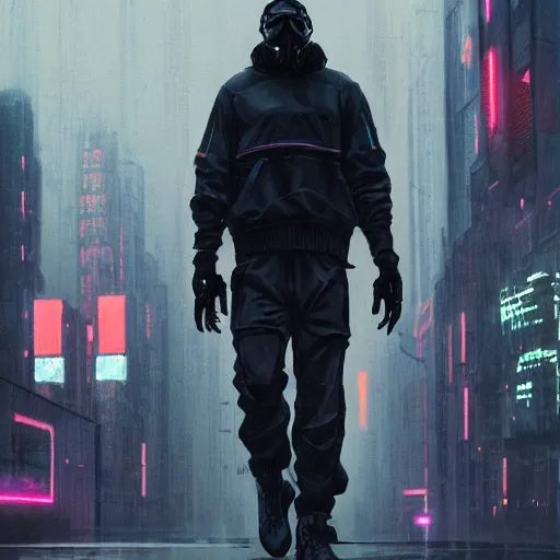 Image similar to A broad shouldered, large man in a techwear outfit, Acronym P31-ds pants, high quality, digital art, dire cyberpunk city, gray sky, neon signs in background, greg rutkowski