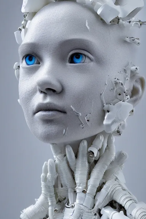 Prompt: full head and shoulders, bjork porcelain sculpture, smooth, delicate facial features, white eyes, white lashes, detailed white, lots of 3 d cyborg elements, prosthetic, anatomical, all white features on a white background, by daniel arsham and james jean