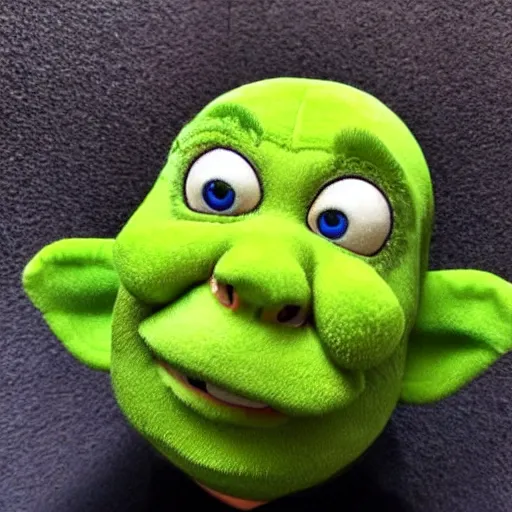 Image similar to a terrible knockoff plush toy of Shrek being sold on ebay, photograph, poorly taken photograph, weird angle, realistic, hyperrealistic, very detailed, extremely detailed, dark lighting, poor lighting, very realistic, thumb on the camera lens, HD quality, 8k resolution, funny