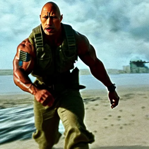 Image similar to A closeup of Dwayne The Rock Johnson storming the beaches of Normandy, Saving Private ryan