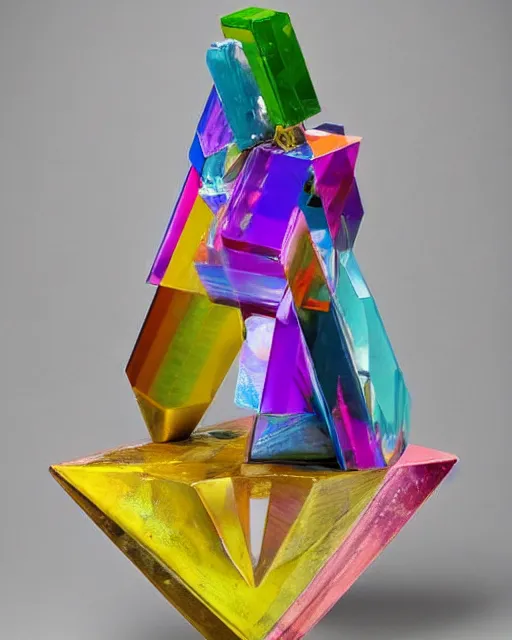 Image similar to a multicolored bismith sitting on top of a table, an abstract sculpture by john chamberlain, trending on pinterest, crystal cubism, angular, made of crystals, iridescent