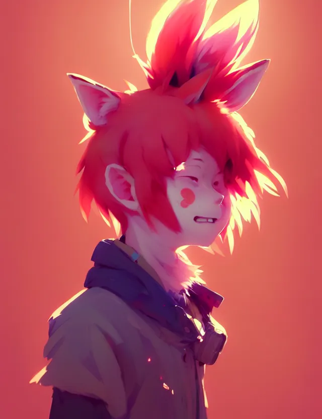 Image similar to a beautiful fullbody portrait of a cute anime boy with orange hair and pink fox ears. character design by cory loftis, fenghua zhong, ryohei hase, ismail inceoglu and ruan jia. artstation, volumetric light, detailed, photorealistic, fantasy, rendered in octane