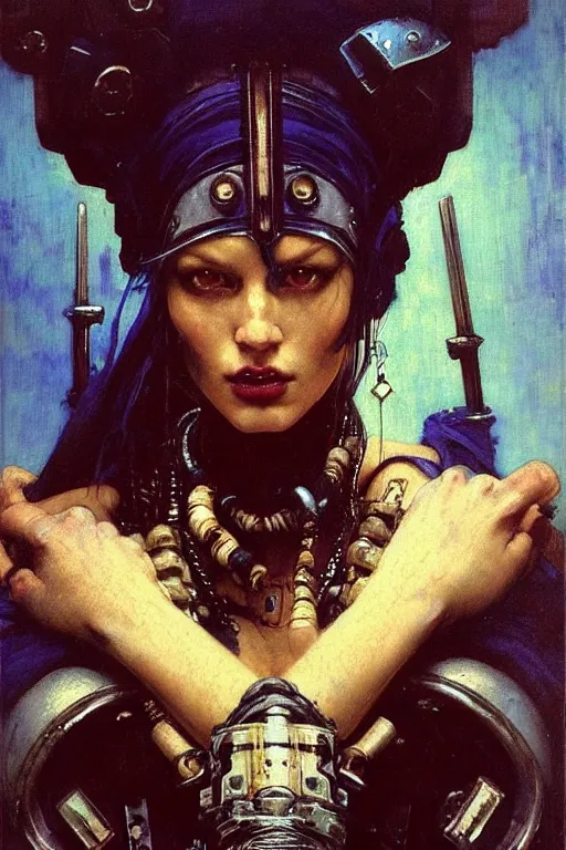 Image similar to full character portrait max mad cyberpunk warhammer 4 0 k, barbarian tech priest berserker not the girl with the pearl earring character design, painting by gaston bussiere, katsuya terada, nc wyeth, greg rutkowski, craig mullins, vermeer, frank frazetta, mucha, tom of finland, trending on artstation, jeffery catherine jones