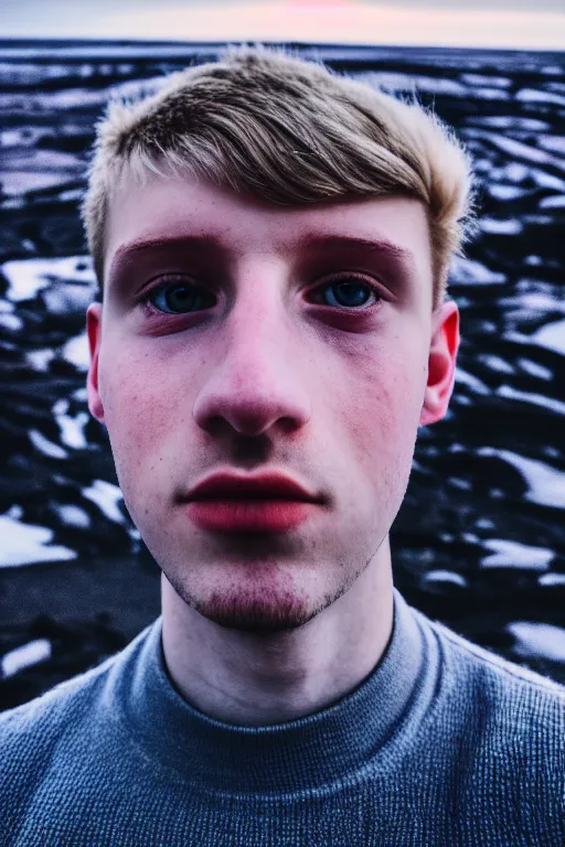 Image similar to high quality pastel coloured film mid angle selfie photograph of a young beautiful man standing in an icelandic black rock environment. atmospheric. three point light. photographic. art directed. pastel colours. volumetric light. stark. waves glitch. 8 k. filmic.