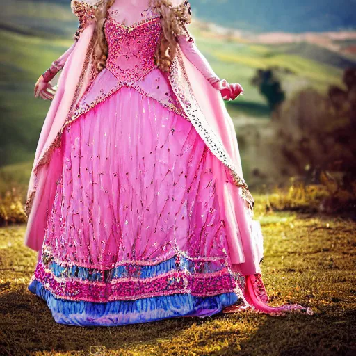 Image similar to an infallible princess with long blonde hair and blue eyes wearing a elaborately beaded pink dress and pink conical hennin, high resolution film still, live-action film by Simon Langton