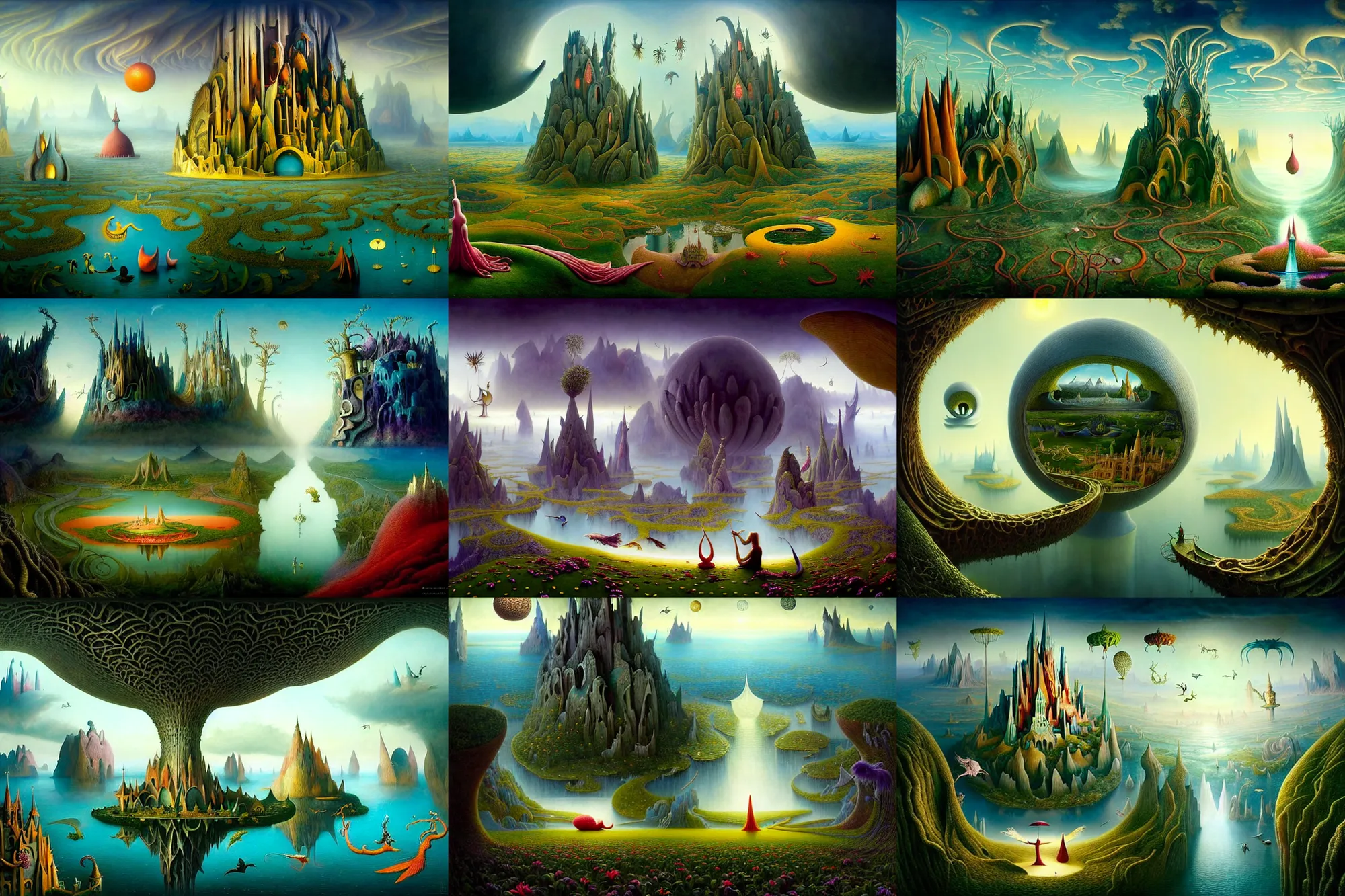 Prompt: a beguiling epic stunning beautiful and insanely detailed matte painting of windows into dream worlds with surreal architecture designed by Heironymous Bosch, dream world populated with mythical whimsical creatures, mega structures inspired by Heironymous Bosch's Garden of Earthly Delights, vast surreal landscape and horizon by Brad Kunkle and Cyril Rolando and Conrad Roset, masterpiece!!!, grand!, imaginative!!!, whimsical!!, epic scale, intricate details, sense of awe, elite, wonder, insanely complex, masterful composition!!!, sharp focus, fantasy realism, dramatic lighting