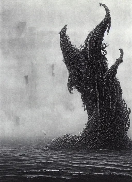 Image similar to a giant lovecraftian sea creature destroying an underwater city by beksinski