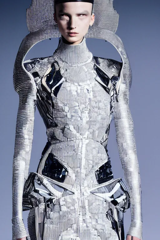 Image similar to futuristic haute couture dress styled by iris van herpin, yoji shinkawa, sharp detailed lines