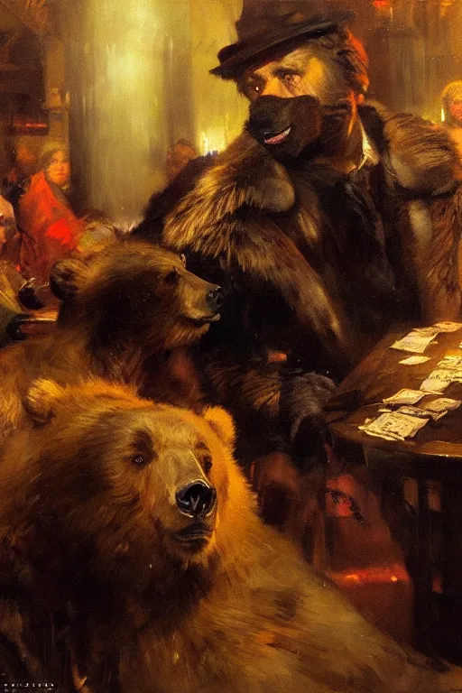 Image similar to portrait of bear gambling in the club by anders zorn, wonderful masterpiece by greg rutkowski, beautiful cinematic light, by greg manchess, jessica rossier