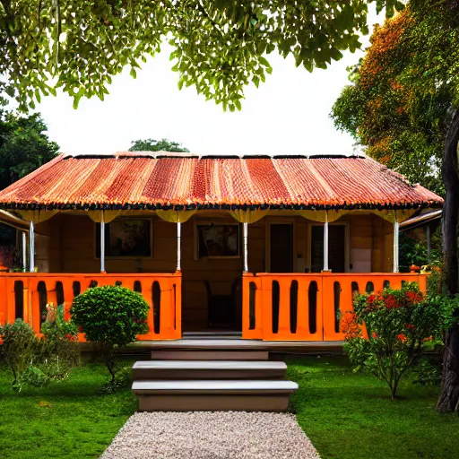 Prompt: brown wooden small garden house with a plastic roofed veranda, wooden fence, standing white swing with orange cushions, wide angle, rembrandt style painting
