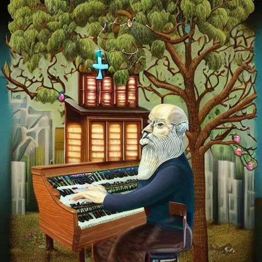 Prompt: old man white beard playing a synthesizer in a tree house, notes and clefs listening , lowbrow surrealistic, in the style of Mark Ryden,