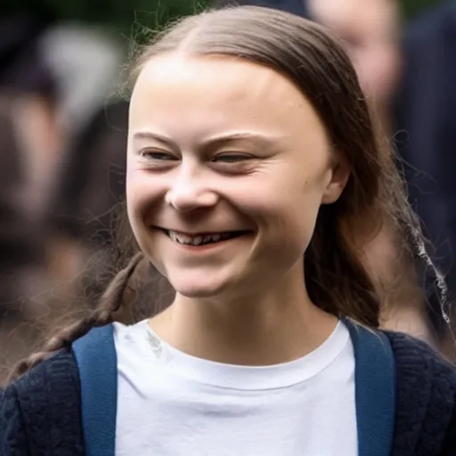 Image similar to laughing greta thunberg with very big forehead