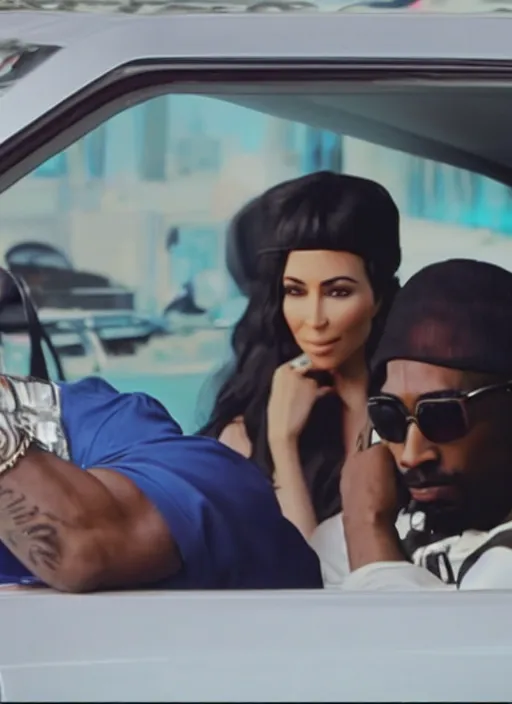 Image similar to film still of Tupac sitting inside a black bmw in las vegas with kim kardashian, 4k