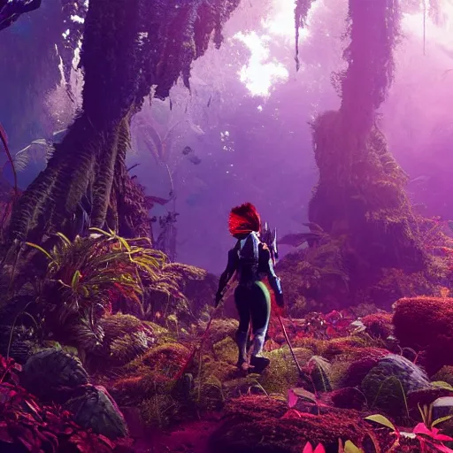 Image similar to explorer woman walking in animal fur armour, walking in a dense alien jungle with colourful red, blue and purple plants, large vines, mossy organic rock structures, in the style of monster hunter world, like concept art on artstation, hyperdetailed, vray render, octane render,