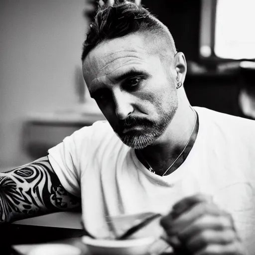 Prompt: black and white press photograph, highly detailed portrait of a depressed tattooed middle age man drug dealer sitting by the table, detailed face looking into camera, eye contact, natural light, mist, fashion photography, film grain, soft vignette, sigma 85mm f/1.4 1/10 sec shutter, Darren Aronofsky film still promotional image, IMAX 70mm footage