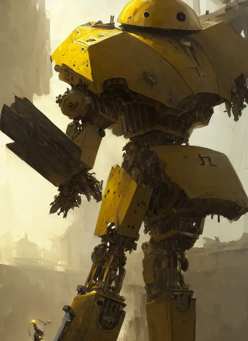 Image similar to human-sized strong intricate yellow pit droid carrying very detailed great sword and beautiful large paladin shield and longsword, pancake short large head, exposed metal bones, painterly humanoid mecha, by Greg Rutkowski