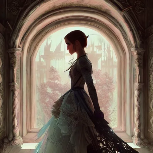 Image similar to emma watson as a beautiful young girl in intricate clothing by ross tran, walking in a castle painted by sana takeda, rtx reflections, very high intricate details, painting, digital anime art, medium shot, mid - shot, composition by ilya kuvshinov, lighting by greg rutkowski