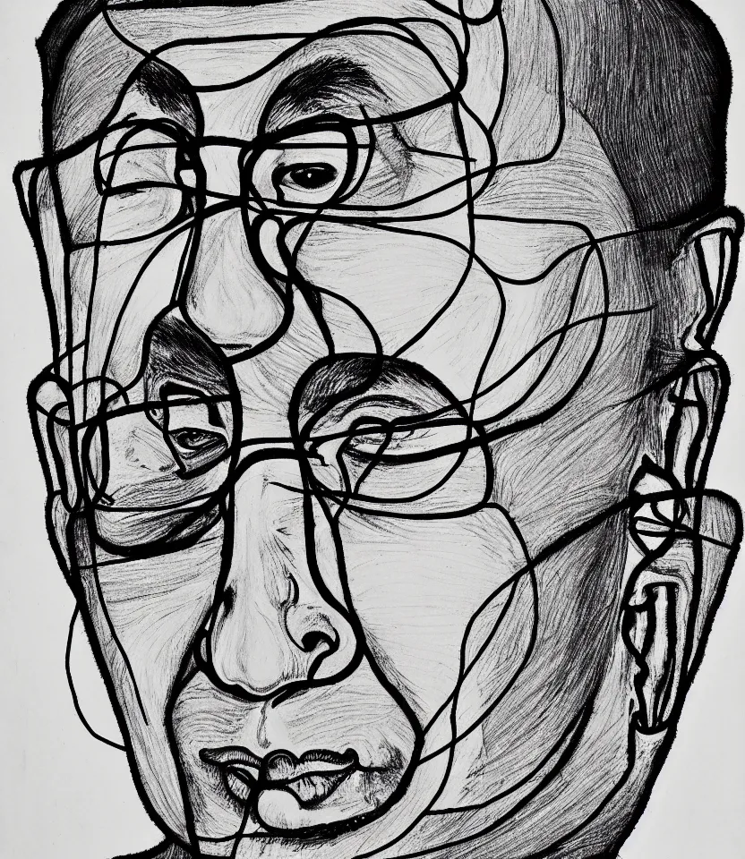 Image similar to elegant intricate line art portrait of the dalai lama. inspired by egon schiele. contour lines, graphic musicality, twirls, curls, curves, strong confident personality, staring at the viewer