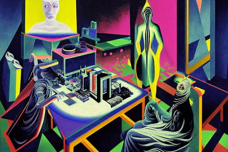 Image similar to a highly detailed beautiful masterpiece painting of a technomancer wizard in dazzle camouflage robes with pointed hood tampering with the world engine in his laboratory near a computer by Remedios Varo and Anato Finnstark and Greg Rutkowski and Andy Warhol and Francis Picabia, dayglo pink, dayglo blue, prismatic, pearlescent white, raven black, hyperrealism, 8k, trending on ArtStation