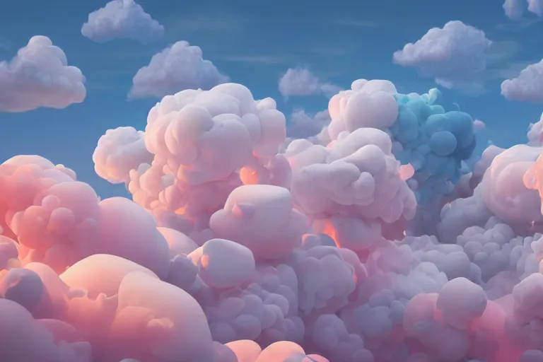 Prompt: super detailed color art, lots of clouds made of white foamy bubbles, unreal engine, wes anderson color palette, 3d render, colorful, digital art