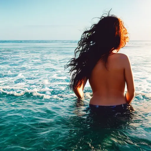 Image similar to woman with waving long hair, wading through ocean waves, back view, first person view