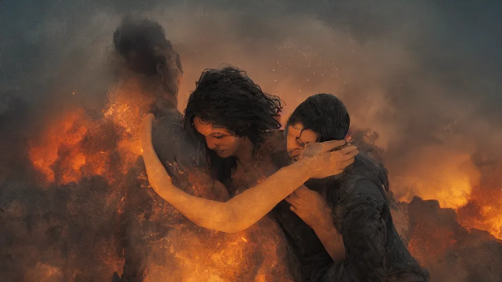 Image similar to a man and a woman hugging during the eruption of pompeii, behance, 8k featured in artstation, cinematic,, sharp focus, very detailed, volumentric lighting