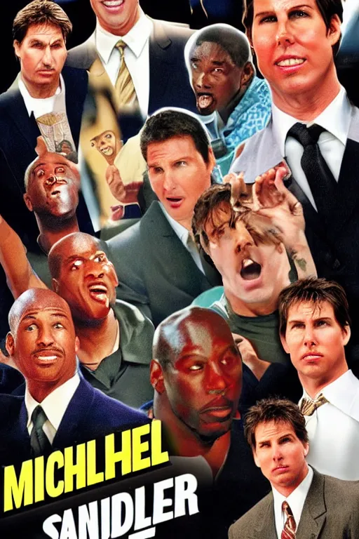 Image similar to 2000s comedy movie poster featuring Michael Jordan, Adam Sandler, Will Ferrell and Tom Cruise, imdb top 5 movies, trending on letterboxd, high detail, realistic, 8k resolution