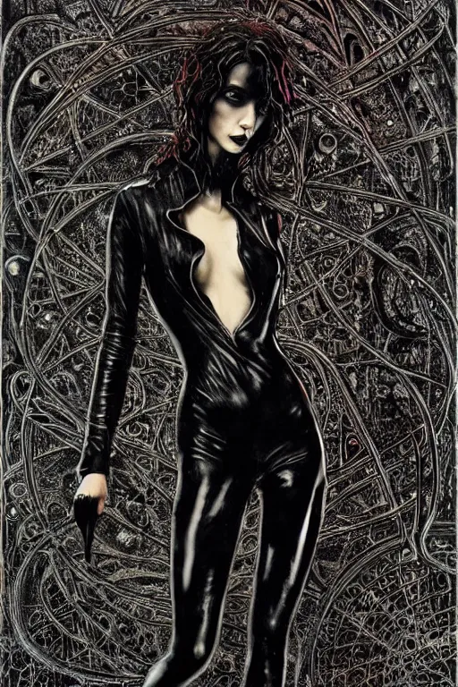 Image similar to dreamy gothic girl, wet black leather slim suit, beautiful woman body, detailed acrylic, grunge, intricate complexity, by dan mumford and by alberto giacometti, peter lindbergh