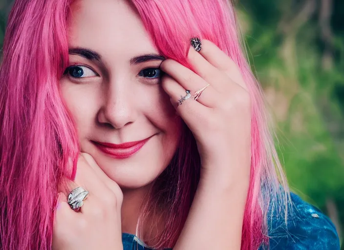 Prompt: portrait photography, the most beautiful woman in the world, in the style of Julia Razumova, beautiful, happy expression, cheery, 8k, closeup headshot, smooth, trending on 500px, pink hair