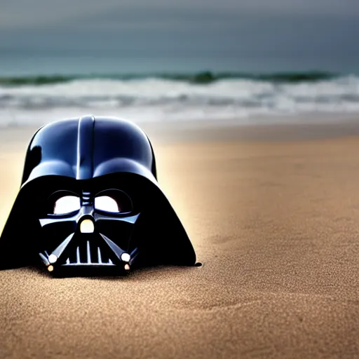 Image similar to darth vader mask laying on an abandoned beach, crabs crawling around, raining, somber